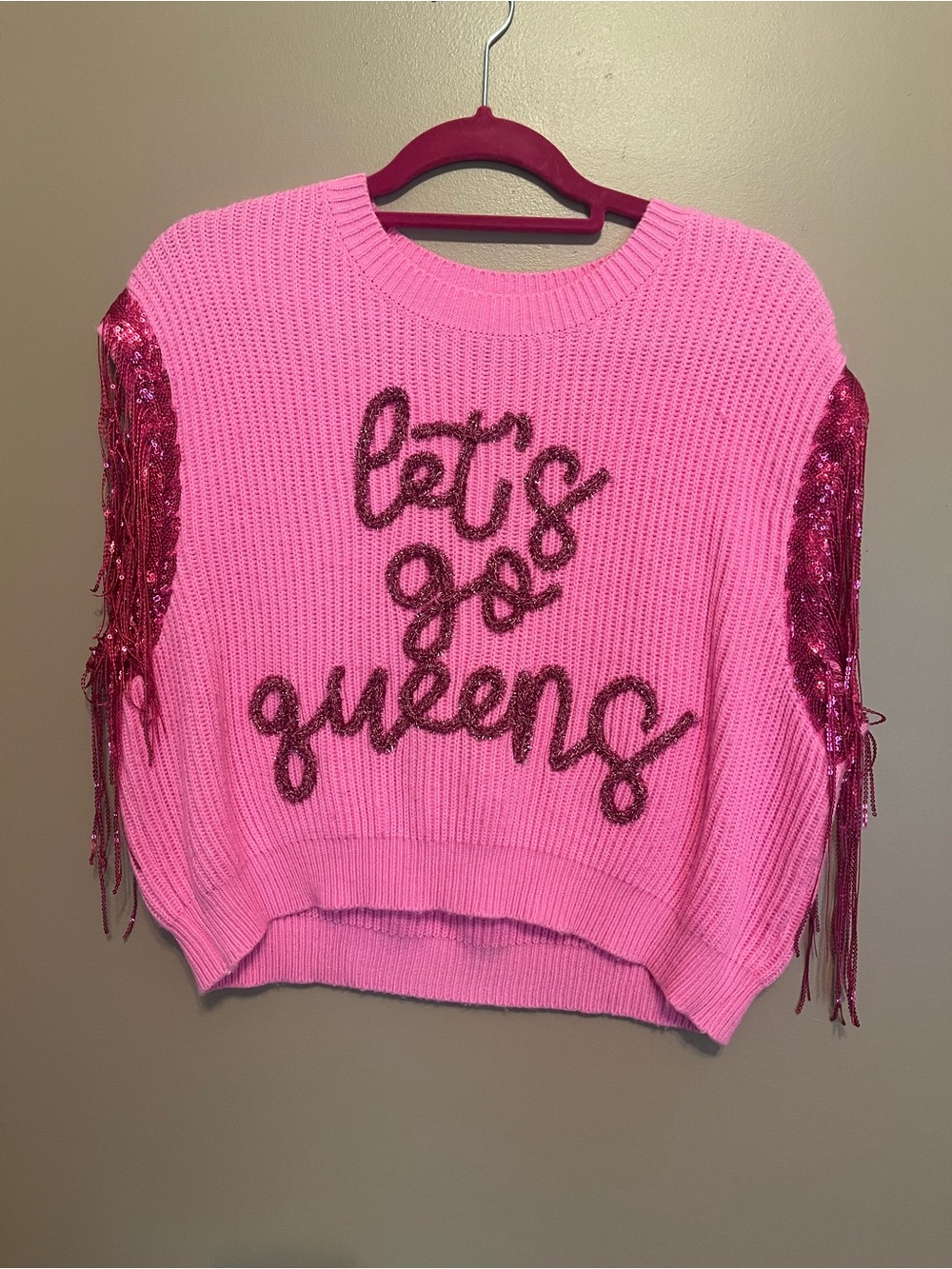 QUEEN OF SPARKLES Pink Sequin Fringe Crewneck Sweater